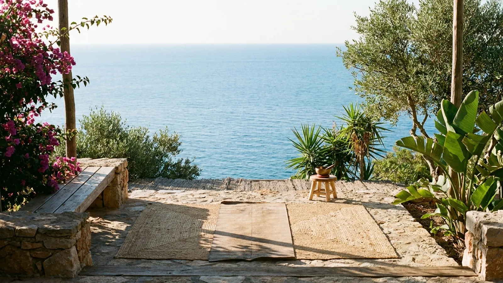 Serene yoga mat on a terrace overlooking the Mediterranean Sea at sunrise in Ibiza