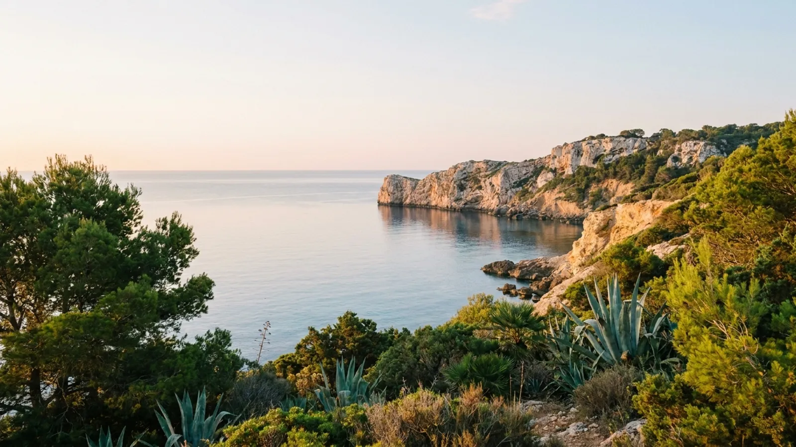Serene coastal landscape of Ibiza at sunrise, with a blurred foreground suggesting a peaceful outdoor meditation setting.