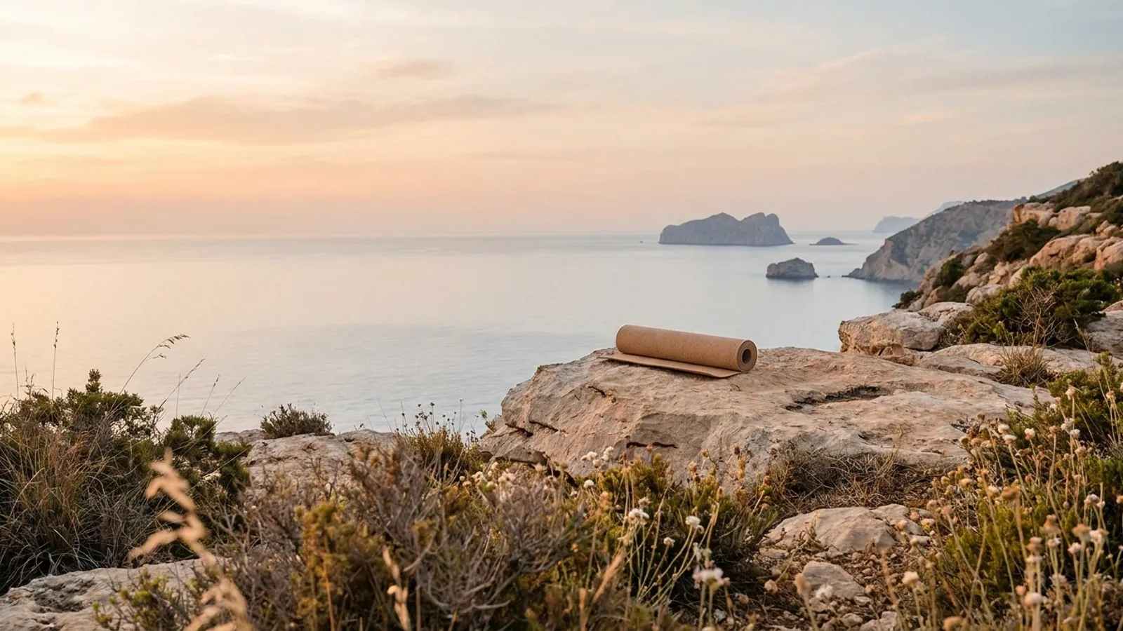 Serene Ibizan landscape at sunrise, with a yoga mat on a cliff overlooking the sea.