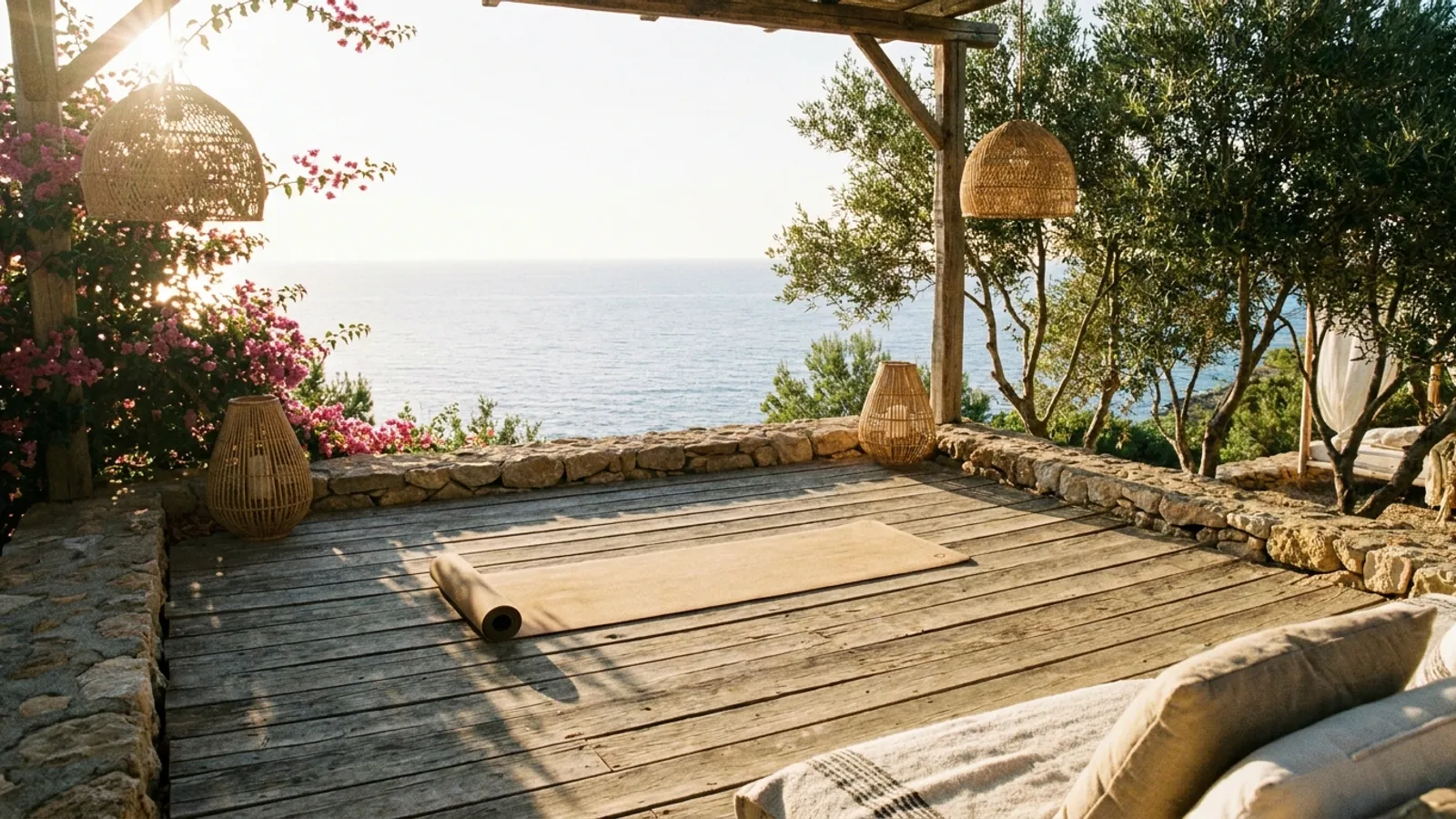 Sun-drenched Mediterranean landscape with a yoga mat unrolled, indicating a serene retreat setting in Ibiza.