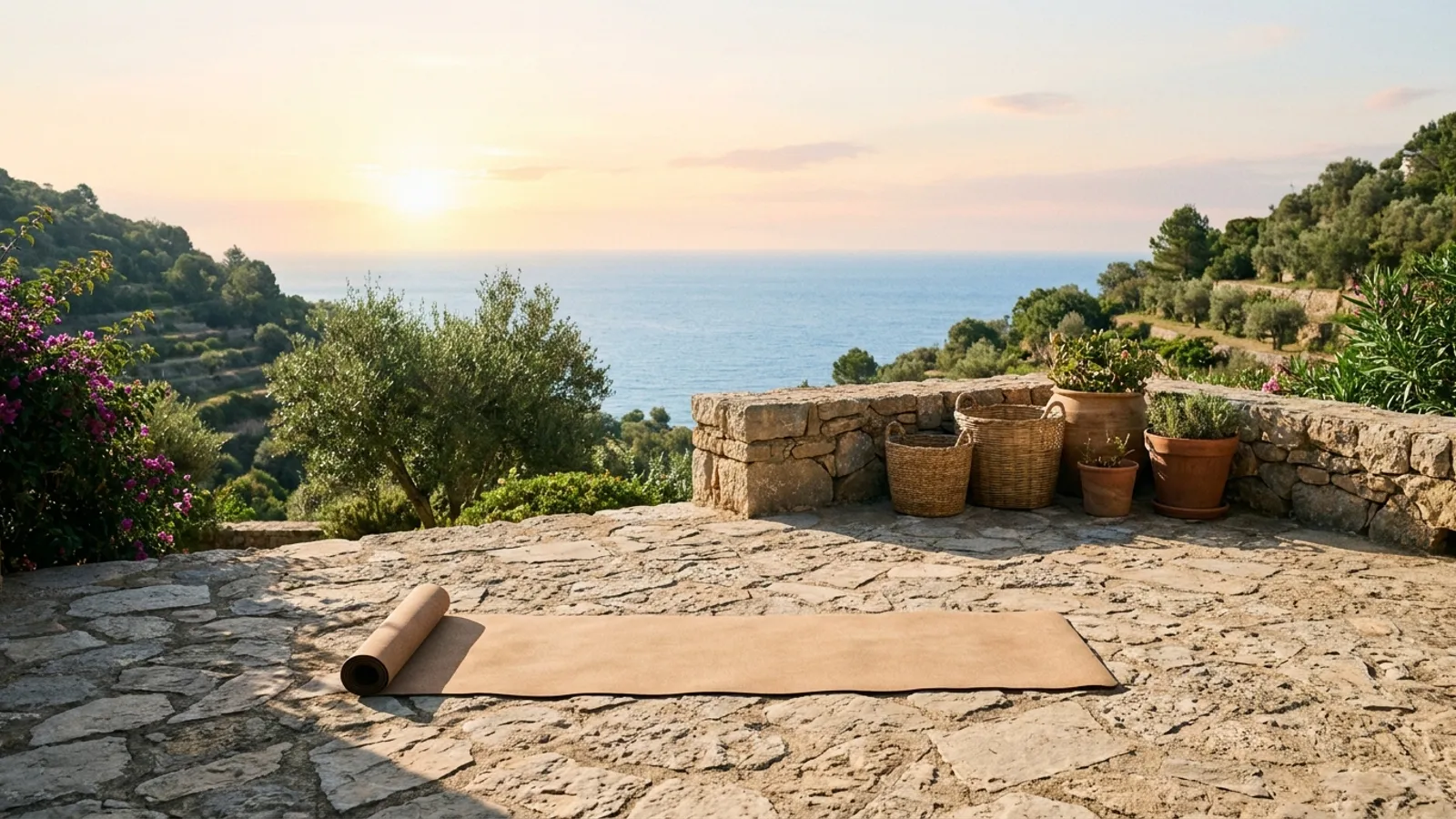 Serene Ibizan landscape with a yoga mat on a terrace overlooking the sea at sunrise