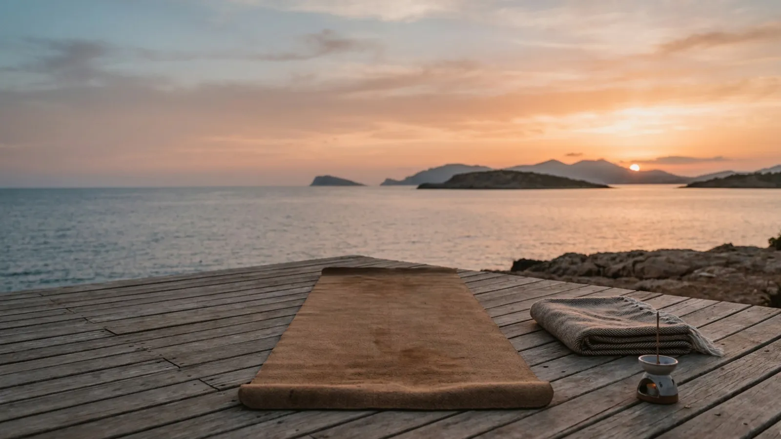 Serene yoga mat overlooking the Mediterranean sea at sunset in Ibiza